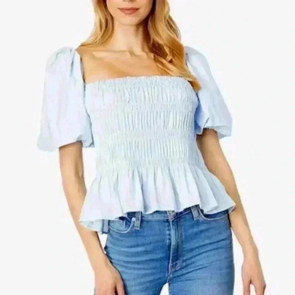 ASTR Light Blue Savina Square Neck Bubble Sleeve Blouse NWOT  Size XL